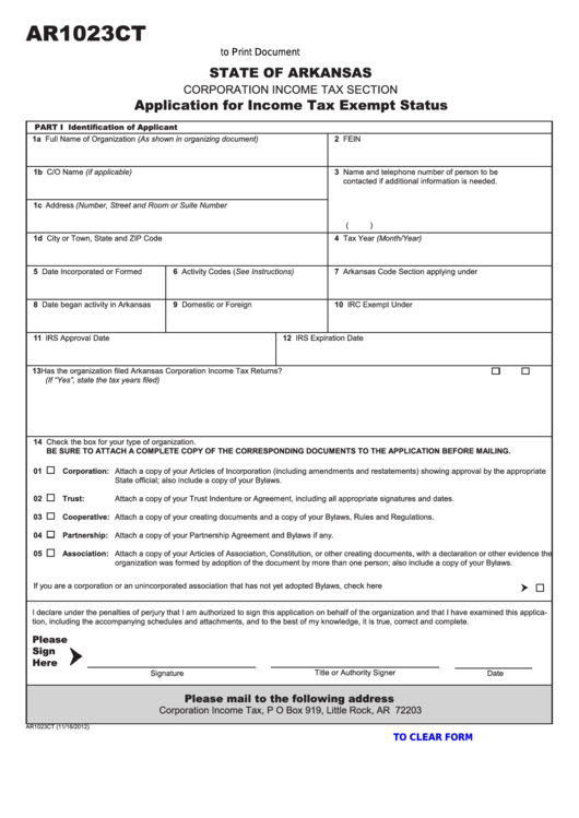 Fillable Form Ar1023ct - Application For Income Tax Exempt Status Printable pdf