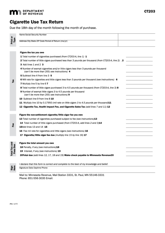 Fillable Form Ct203 - Cigarette Use Tax Return Printable pdf