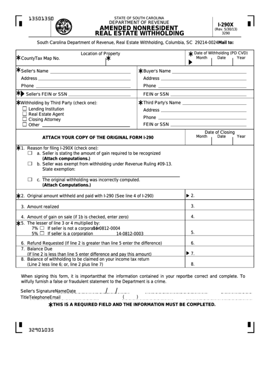 Form I-290x - Amended Nonresident Real Estate Withholding Printable pdf
