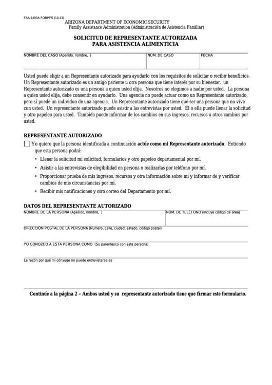 Fillable Form Faa-1493a Forpfs - Solicitud De Representante Autorizada Para Asistencia Alimenticia Printable pdf