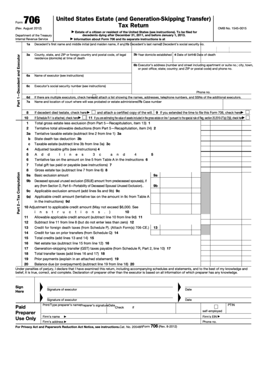 Fillable Form 706 - United States Estate (And Generation-Skipping Transfer) Tax Return Printable pdf
