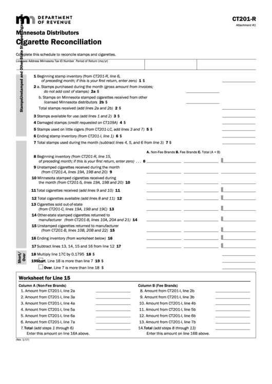 Fillable Form Ct201-R - Minnesota Distributors Cigarette Reconciliation Printable pdf