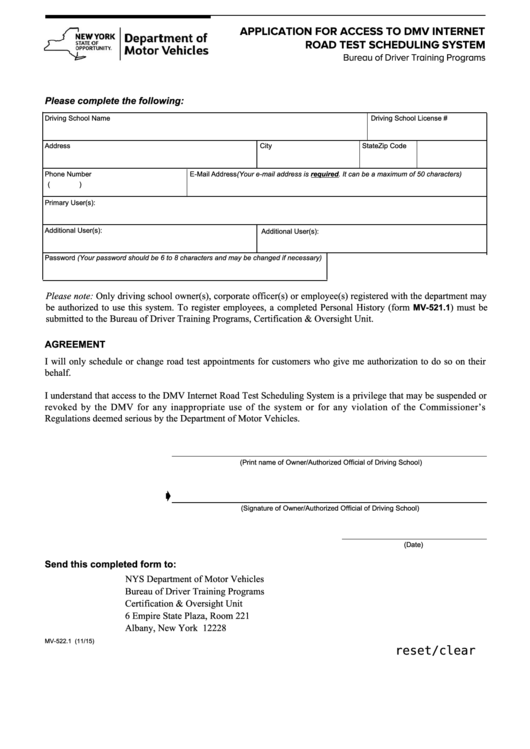 Fillable Form Mv-522.1 - Application For Access To Dmv Internet Road Test Scheduling System Printable pdf