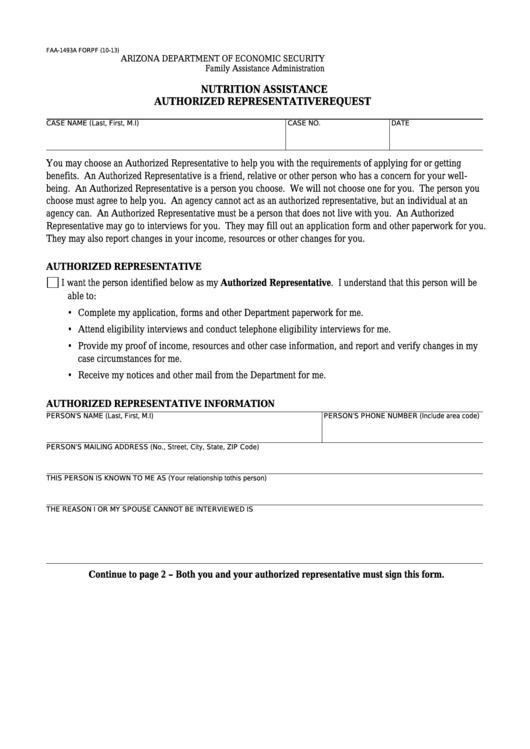 Fillable Form Faa-1493a Forpf - Nutrition Assistance Authorized Representative Request Printable pdf