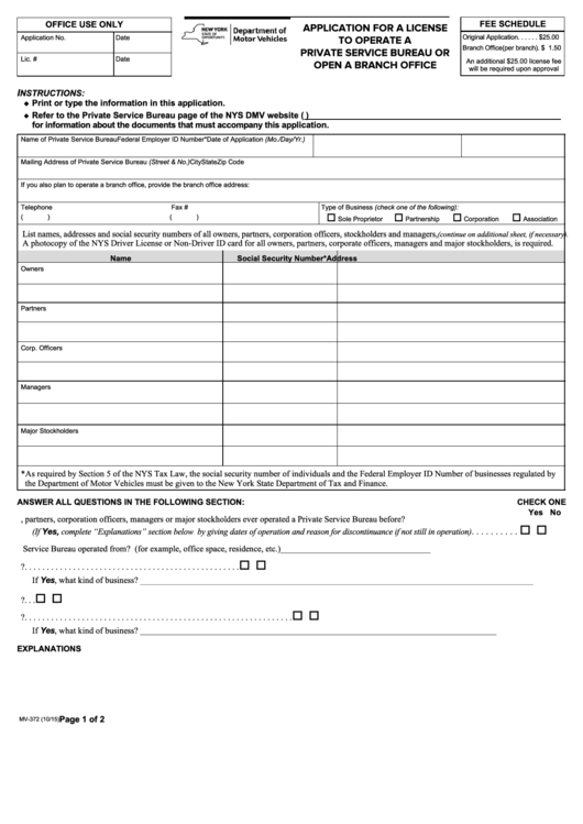 Fillable Form Mv-372 - Application For A License To Operate A Private Service Bureau Or Open A Branch Office Printable pdf