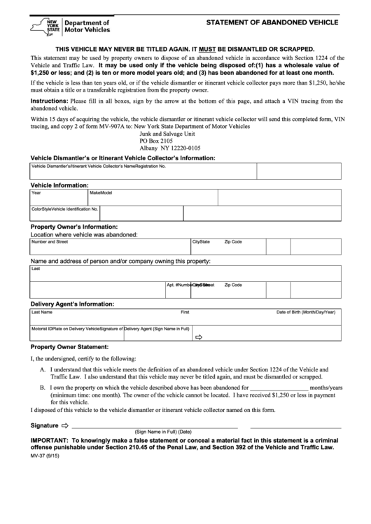 Form Mv-37 - Statement Of Abandoned Vehicle Printable pdf