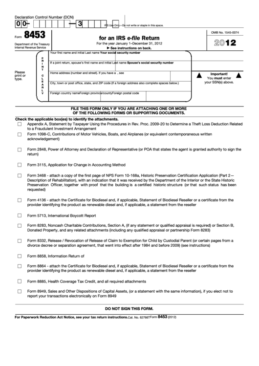 Fillable Form 8453 - U.s. Individual Income Tax Transmittal For An Irs E-File Return - 2012 Printable pdf