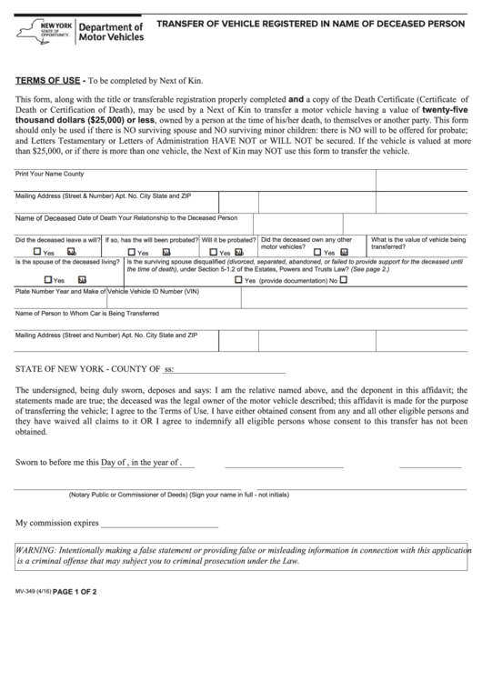 Fillable Form Mv-349 - Transfer Of Vehicle Registered In Name Of Deceased Person Printable pdf