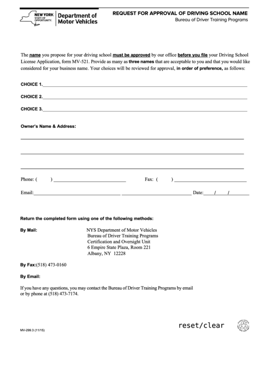 Fillable Form Mv-299.3 - Request For Approval Of Driving School Name Printable pdf