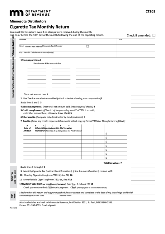 Fillable Form Ct201 - Minnesota Distributors Cigarette Tax Monthly Return Printable pdf