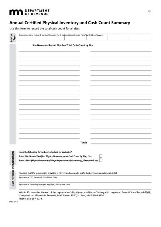 Fillable Form Ci - Annual Certified Physical Inventory And Cash Count Summary Printable pdf