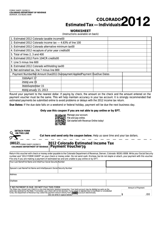 Form 104ep - Estimated Tax-Individuals Worksheer - 2012 Printable pdf