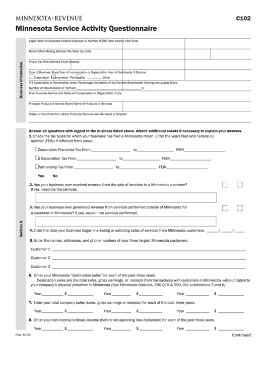 Fillable Form C102 - Minnesota Service Activity Questionnaire Printable pdf