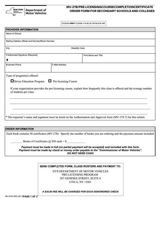 Form Mv-278.8 Ssc - Mv-278/pre-Licensing Course Completion Certificate Order Form For Secondary Schools And Colleges Printable pdf