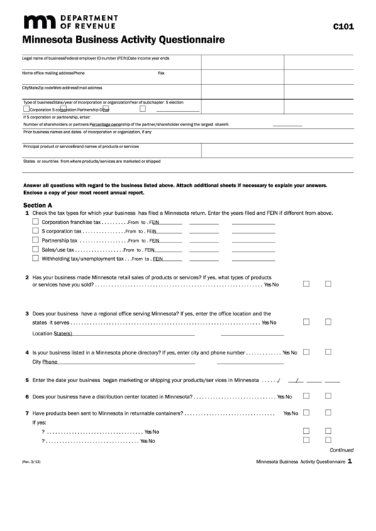 Fillable Form C101 - Minnesota Business Activity Questionnaire Printable pdf
