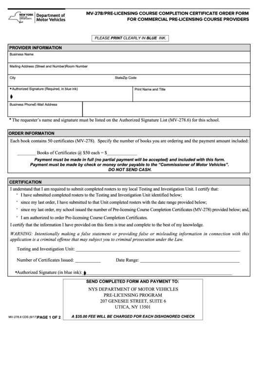 Form Mv-278.8 Cds - Mv-278/pre-Licensing Course Completion Certificate Order Form For Commercial Pre-Licensing Course Providers Printable pdf
