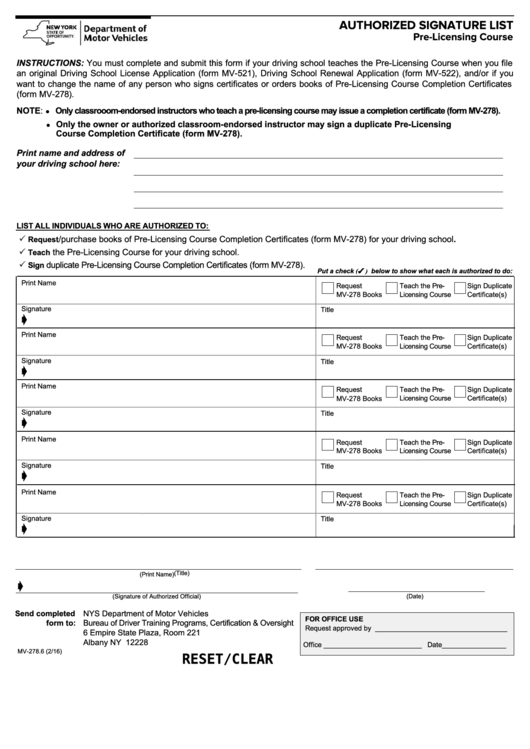 Fillable Form Mv-278.6 - Authorized Signature List Printable pdf