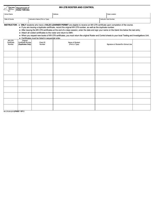 Form Mv-278.5n - Mv-278 Roster And Control Printable pdf