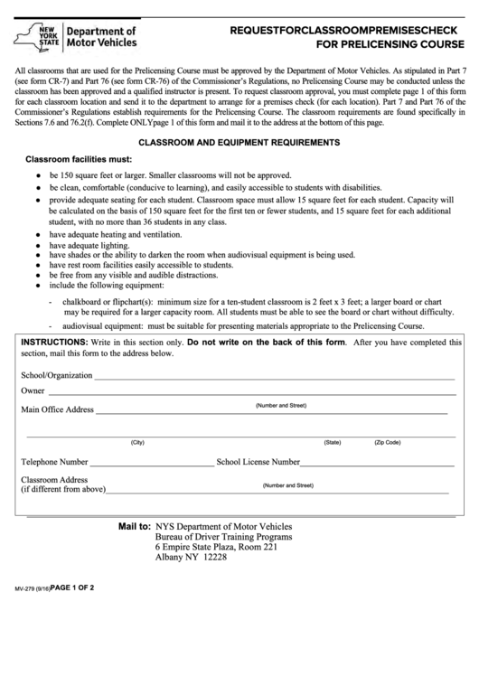Fillable Form Mv-279 - Request For Classroom Premises Check For Prelicensing Course Printable pdf