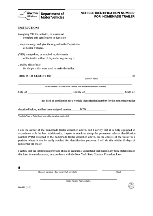 Form Mv-272 - Vehicle Identification Number For Homemade Trailer Printable pdf