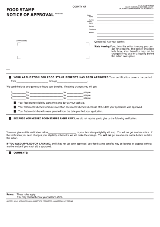 Fillable Form Qr 377.1 - Food Stamp Notice Of Approval Printable pdf