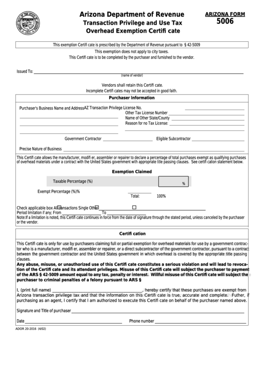 Fillable Arizona Form 5006 - Transaction Privilege And Use Tax Overhead Exemption Certificate Printable pdf