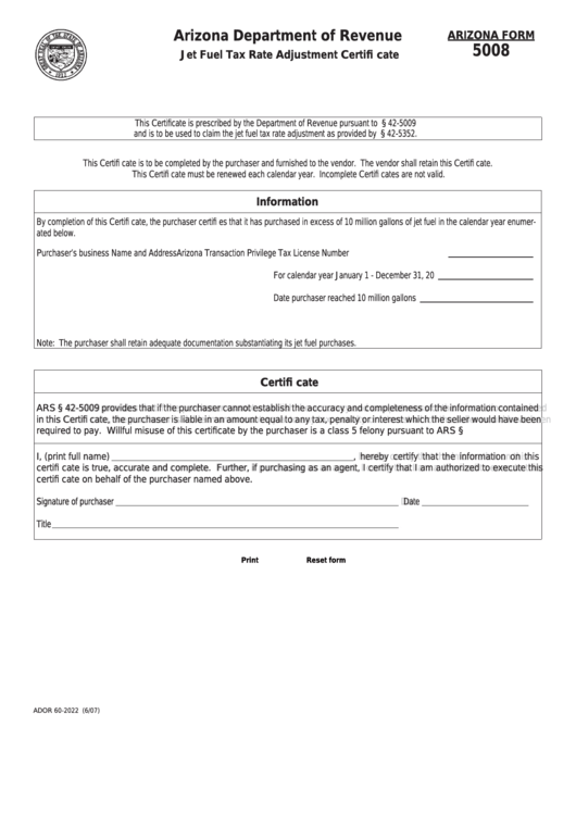 Fillable Arizona Form 5008 - Jet Fuel Tax Rate Adjustment Certificate Printable pdf