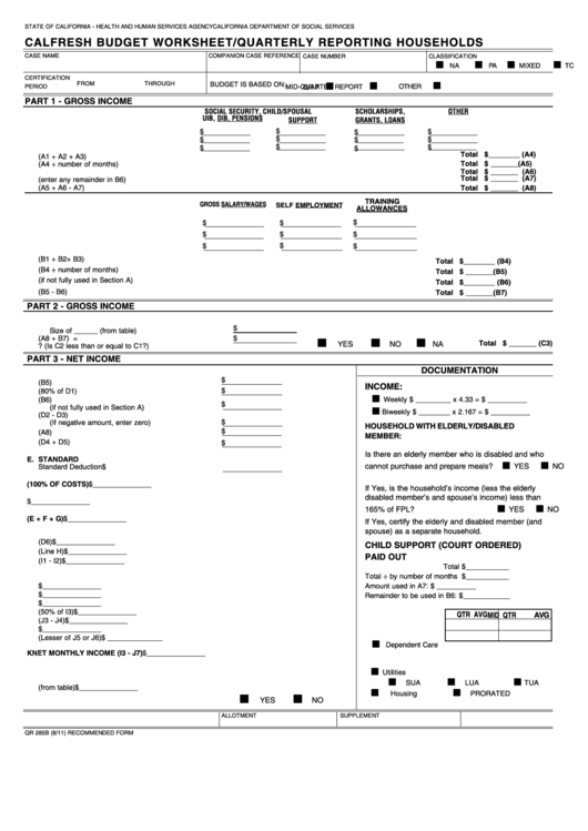 Fillable Form Qr 285b - Calfresh Budget Worksheet/quarterly Reporting Households Printable pdf