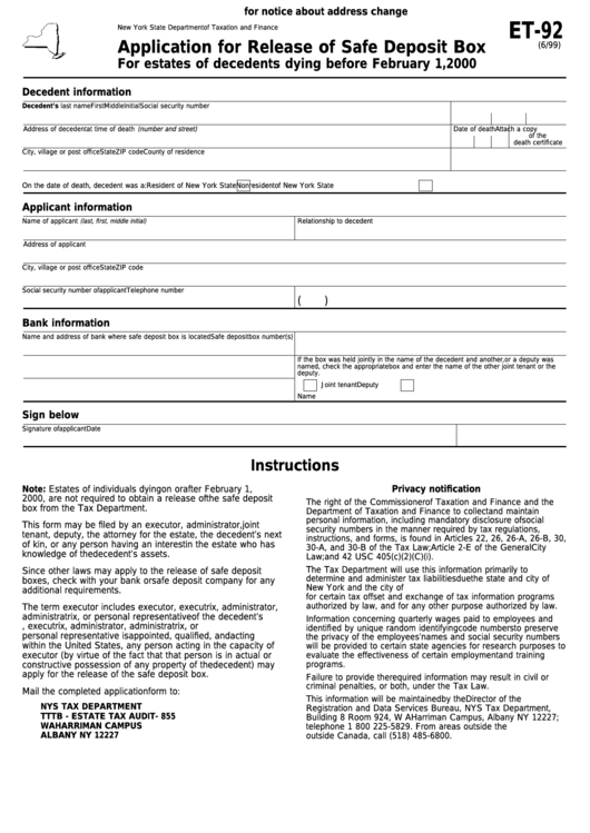 Form Et-92 - Application For Release Of Safe Deposit Box Printable pdf