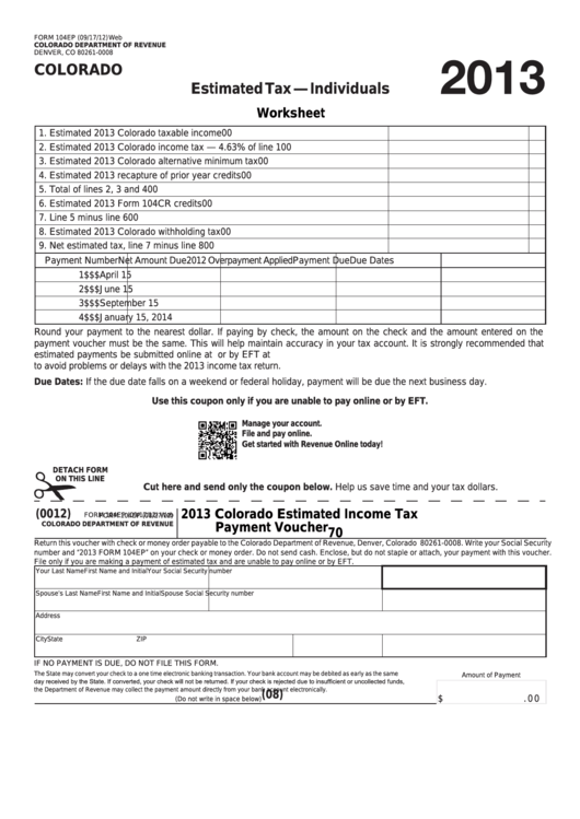 Fillable Form 104ep - Estimated Tax-Individuals Worksheet - 2013 Printable pdf