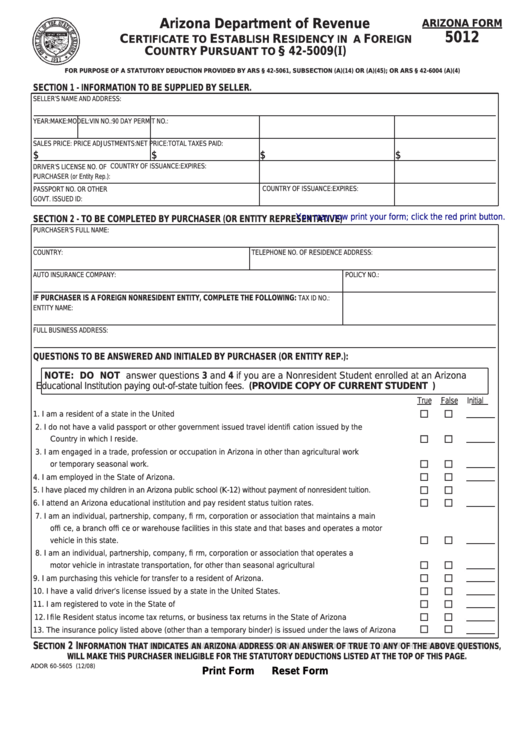 Fillable Arizona Form 5012 - Certificate To Establish Residency In A Foreign Country Pursuant To A.r.s. Section Mark 42-5009(I) Printable pdf