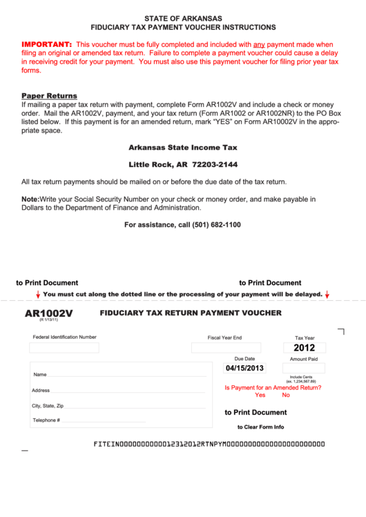 Fillable Form Ar1002v - Fiduciary Tax Return Payment Voucher - 2012 Printable pdf