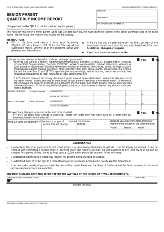 Fillable Form Qr 73 - Senior Parent Quarterly Income Report Printable pdf
