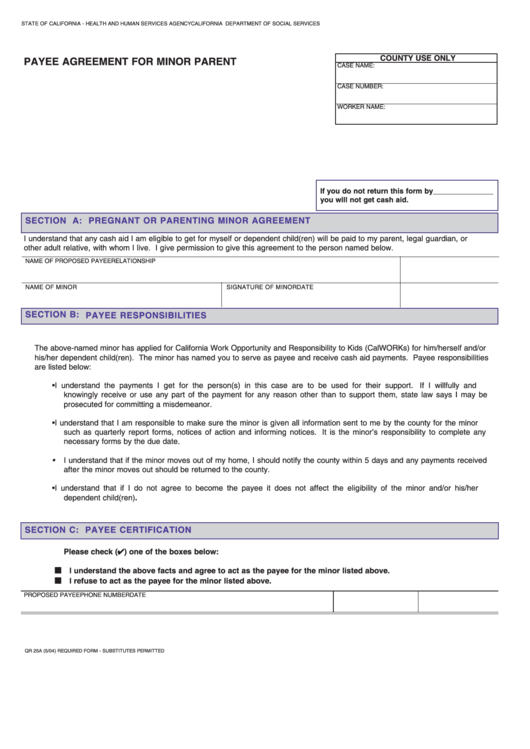 Fillable Form Qr 25a - Payee Agreement For Minor Parent Printable pdf