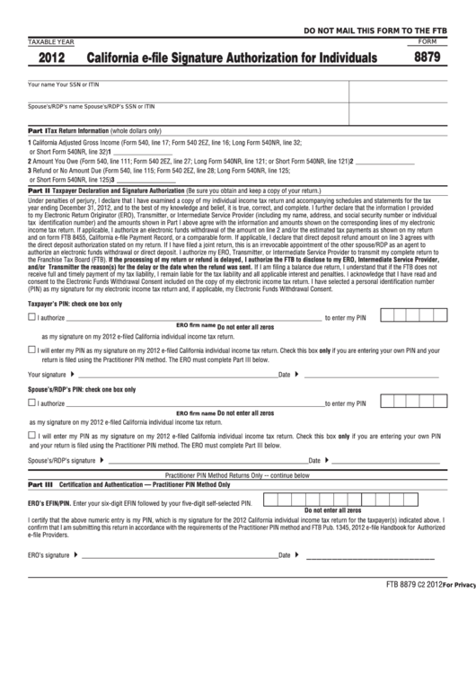 Fillable Form 8879 - California E-File Signature Authorization For Individuals - 2012 Printable pdf