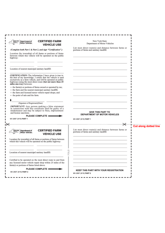 Form Mv-260f - Certified Farm Vehicle Use Printable pdf