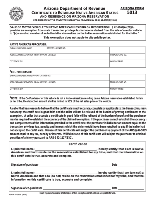 Arizona Form 5013 - Certificate To Establish Native American Status And Residence On Arizona Reservation Printable pdf
