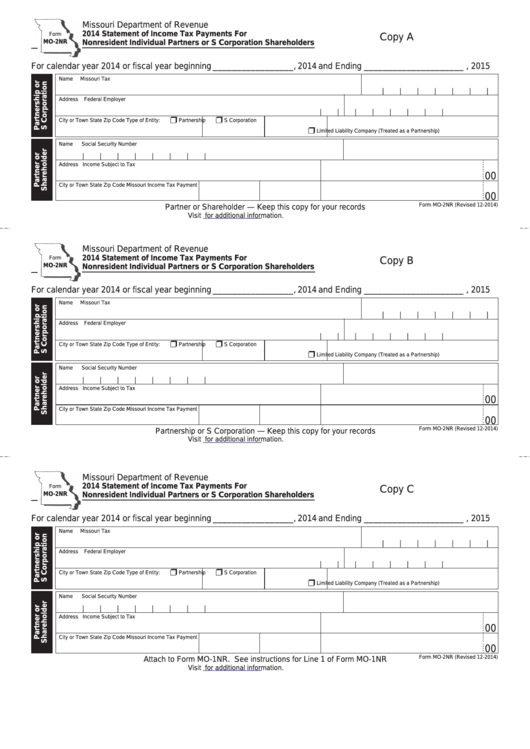 Fillable Form Mo-2nr - Statement Of Income Tax Payments For Nonresident Individual Partners Or S Corporation Shareholders - 2014 Printable pdf