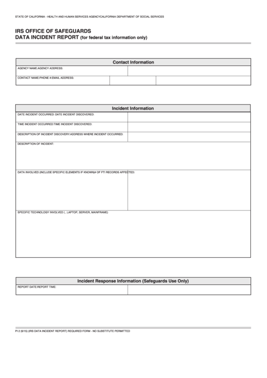 Fillable Form Pi 2 - Irs Office Of Safeguards - Data Incident Report Printable pdf