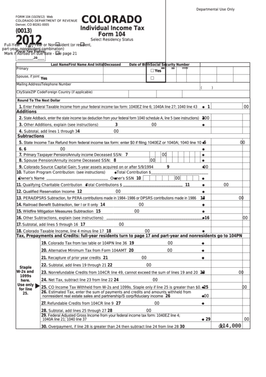 Fillable Form 104 - Individual Income Tax - 2012 Printable pdf
