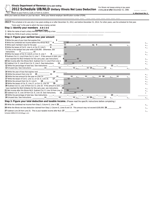 Fillable Schedule Ub/nld - Unitary Illinois Net Loss Deduction - 2012 Printable pdf