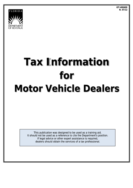 Form Gt-400400 - Tax Information For Motor Vehicle Dealers Booklet Printable pdf