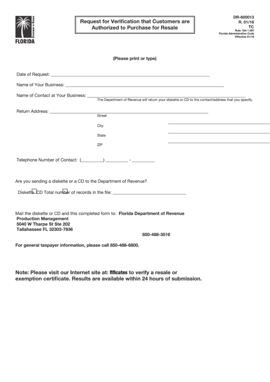 Form Dr-600013 - Request For Verification That Customers Are Authorized To Purchase For Resale Printable pdf