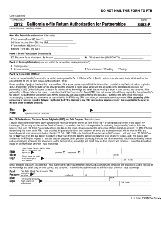 Fillable Form 8453-P - California E-File Return Authorization For Partnerships - 2012 Printable pdf