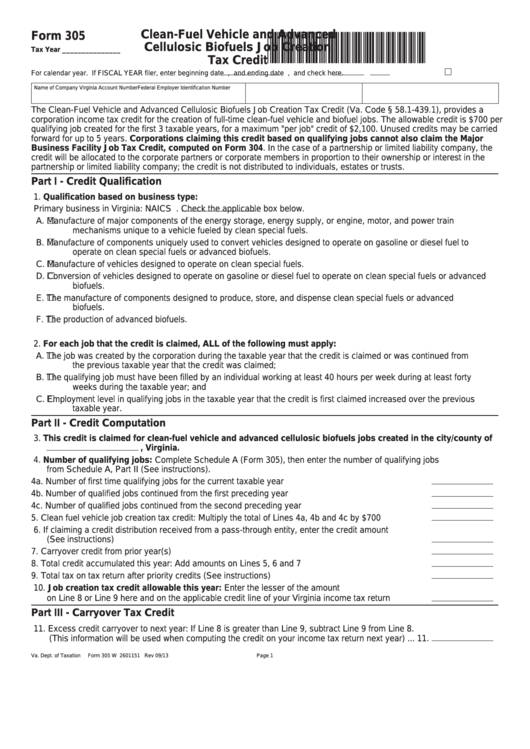 Fillable Form 305 - Clean-Fuel Vehicle And Advanced Cellulosic Biofuels Job Creation Tax Credit Printable pdf