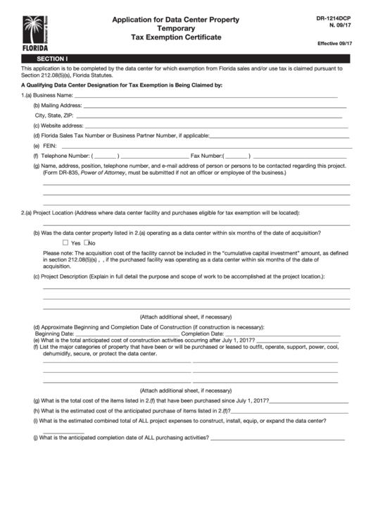 Form Dr-1214dcp - Application For Data Center Property Temporary Tax Exemption Certificate Printable pdf