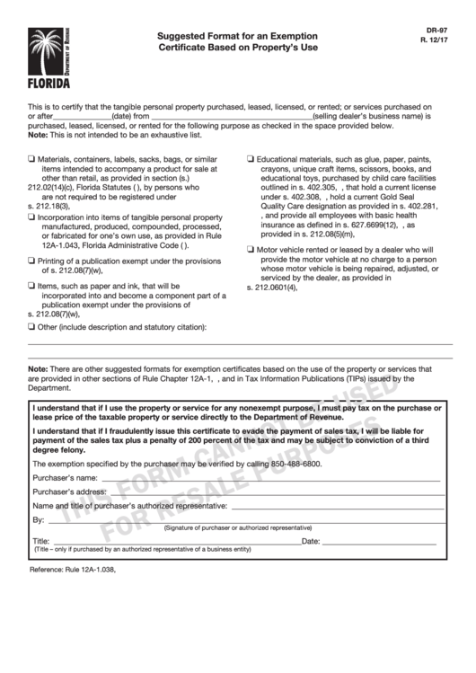Form Dr-97 - Suggested Format For An Exemption Certificate Based On Property