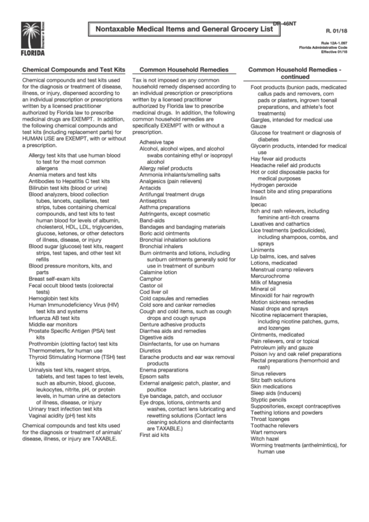 Form Dr-46nt - Nontaxable Medical Items And General Grocery List Printable pdf
