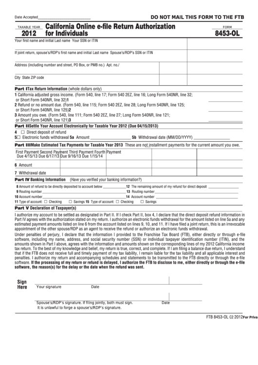 Form 8453-Ol - California Online E-File Return Authorization For Individuals - 2012 Printable pdf