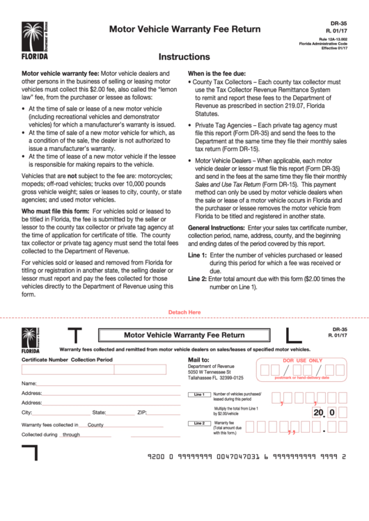 Form Dr-35 - Motor Vehicle Warranty Fee Return Printable pdf